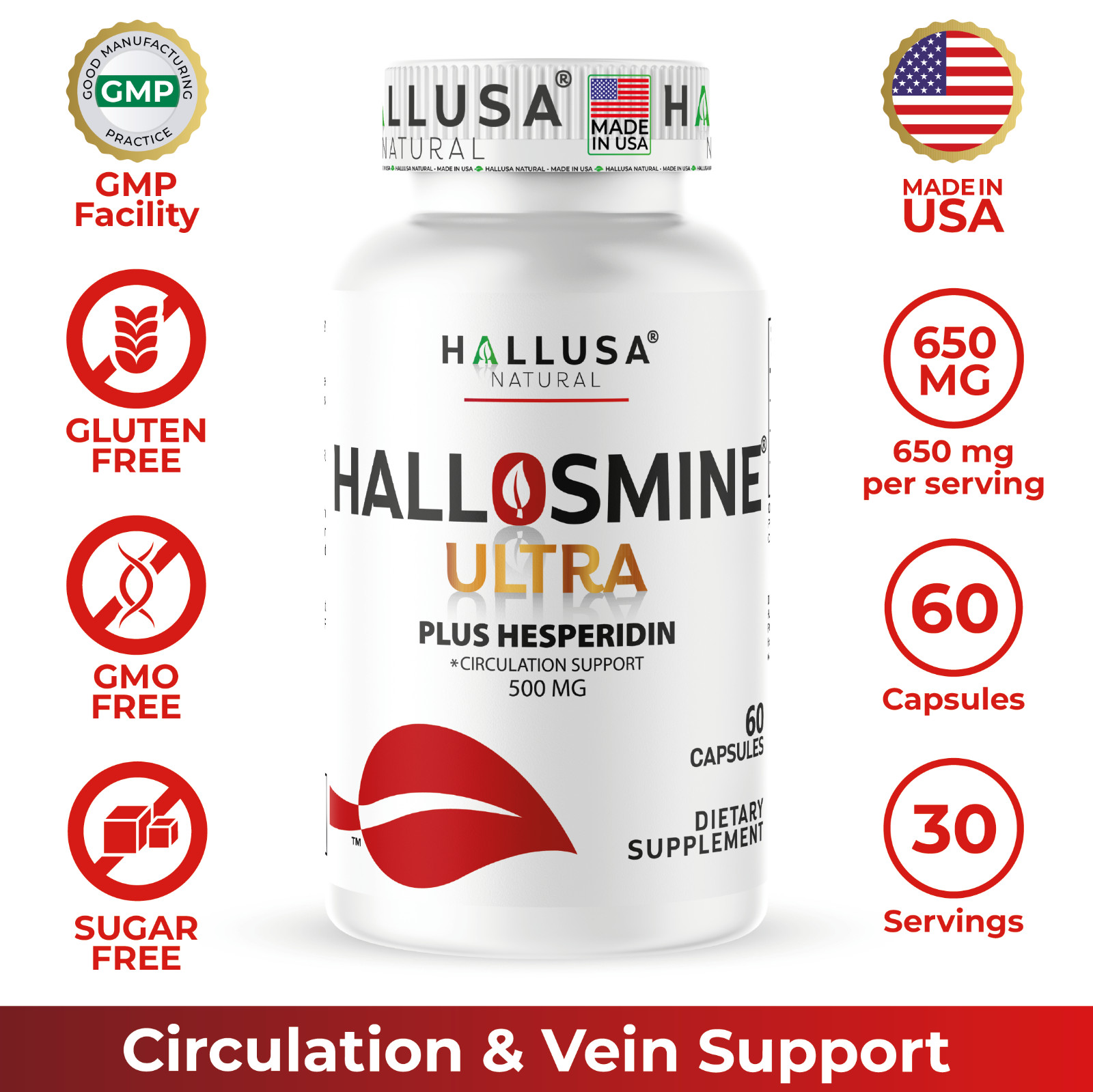 2 pack Hallosmine cream + Free Hallosmine Ultra Diosmin, Vein support supplement