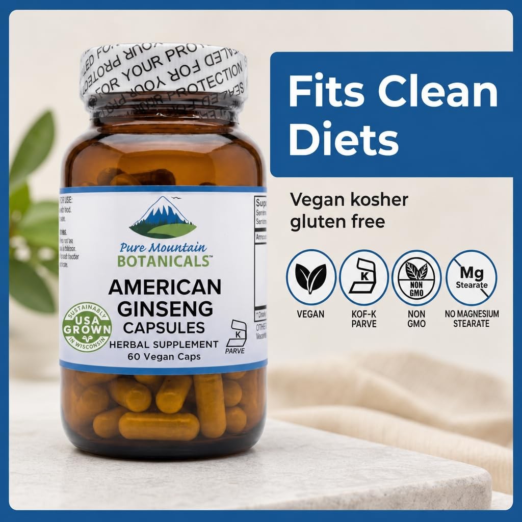 Pure Mountain American Ginseng Capsules – Kosher Vegan 400mg Panax Quinquefolia