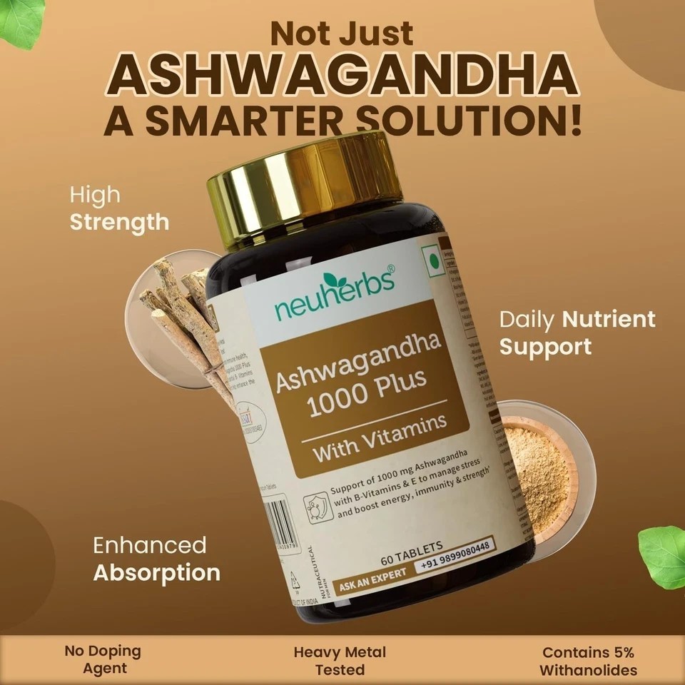 Ashwagandha 1000mg Tablets | Manage Anxiety & Stress Relief | (Pack of 2)