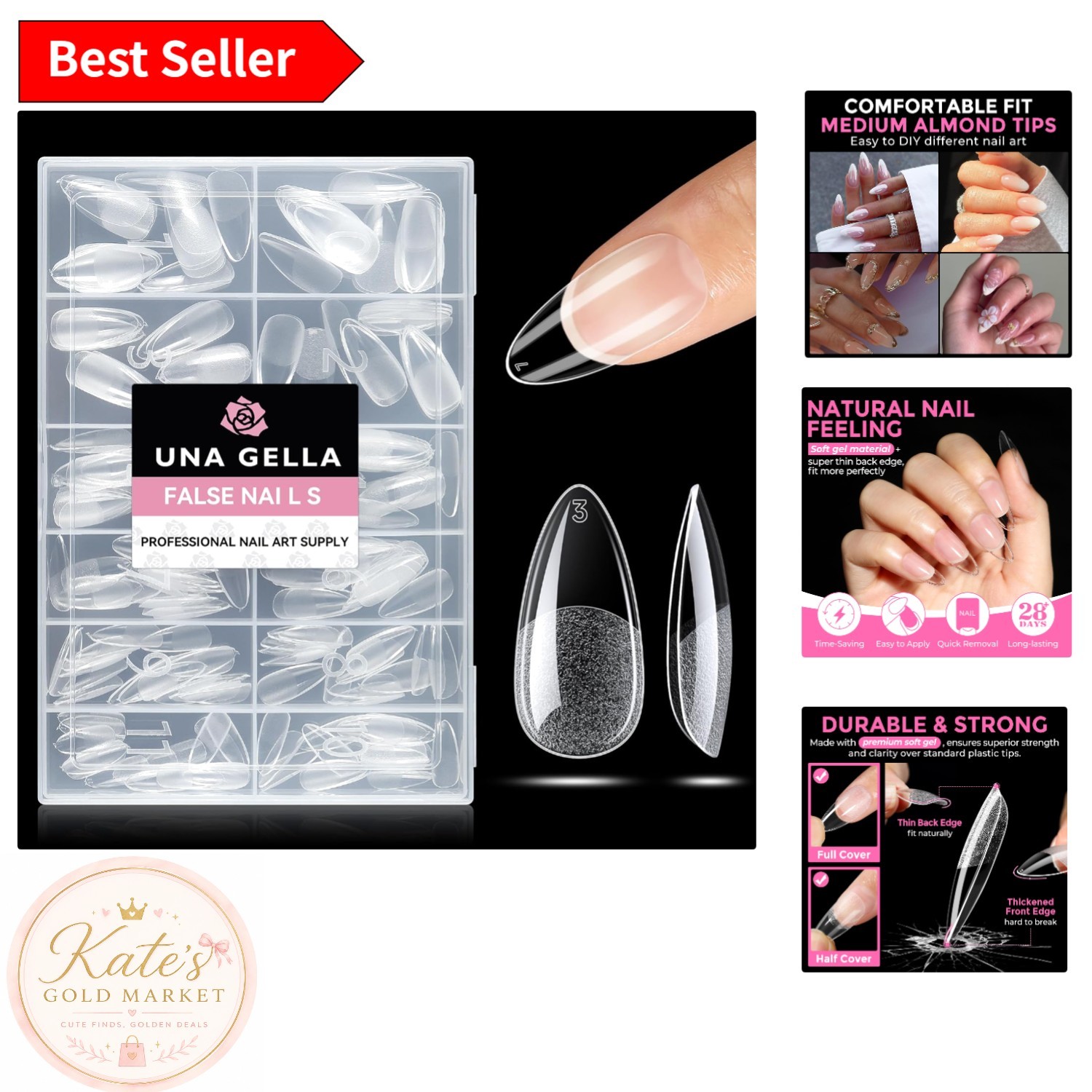 Long Lasting Almond Press-On Nails – 216 Pieces in 12 Sizes for Custom Fit