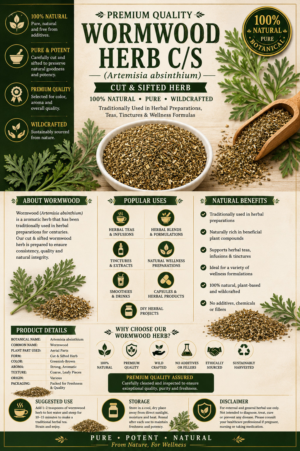 Wormwood Herb C/S Artemisia absinthium Cut & Sifted Premium Herbal Tea | Fresh