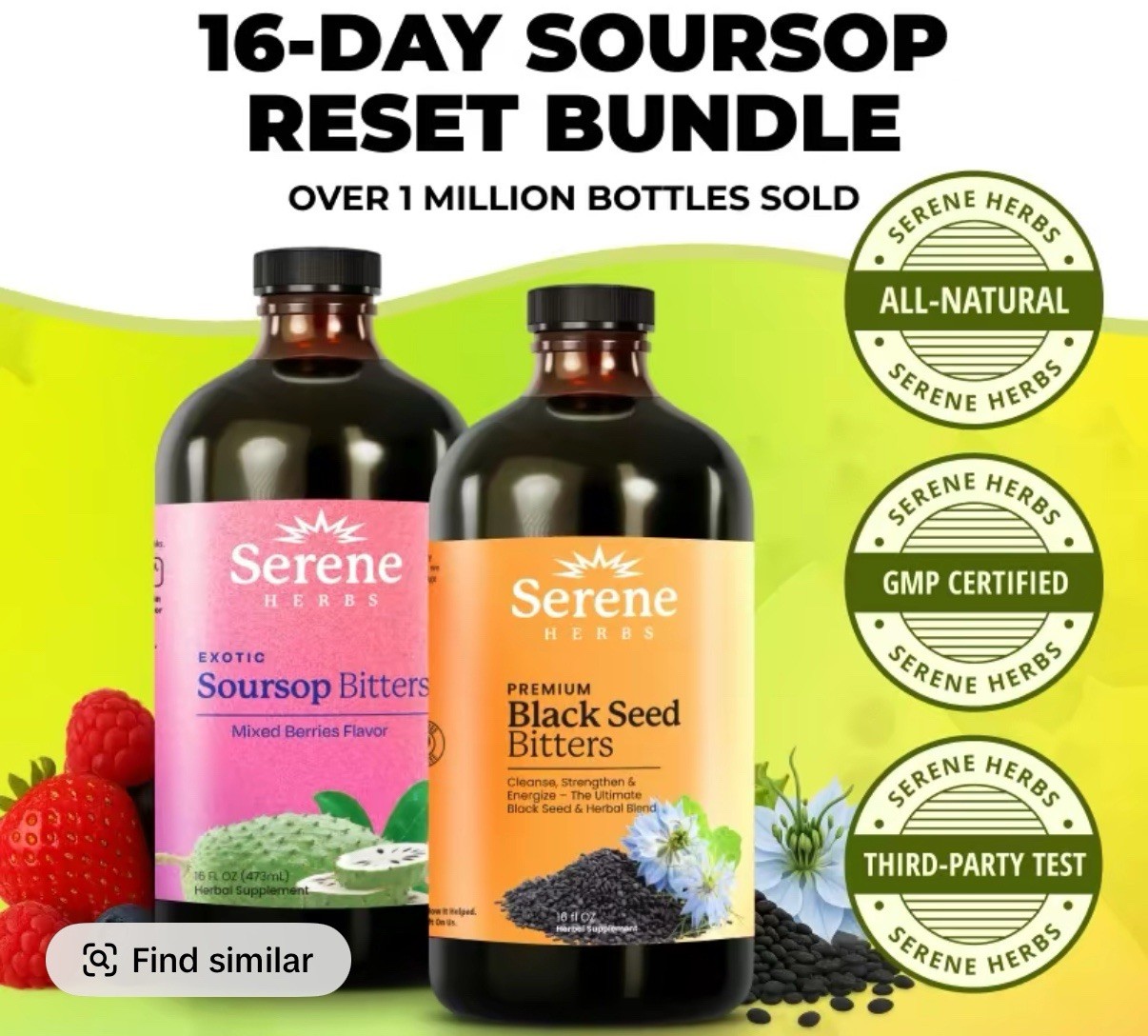 Serene Herbs Soursop Bitters Herbal Detox & Black Seed Betters Bundle 16oz Each
