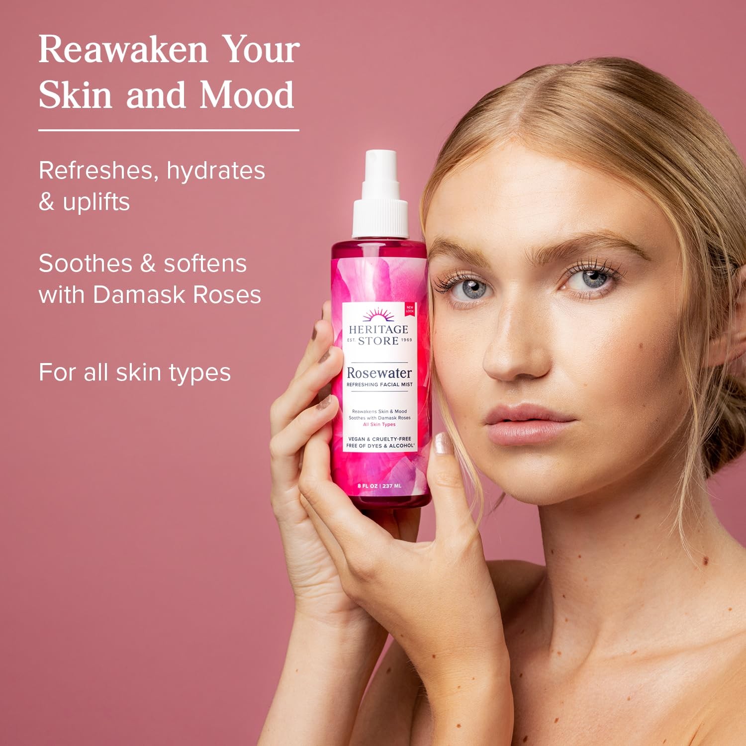 HERITAGE STORE Rosewater – Refreshing Face Mist 8 Fl Oz (Pack of 1), Pink