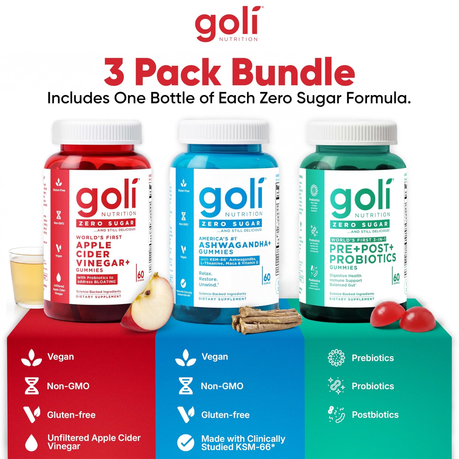 Goli Zero Sugar Trio – World’s First 3-in-1 Pre, Post, 60 Count (Pack of 3)