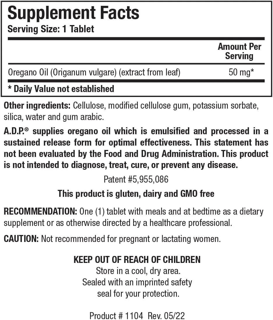 Biotics Research ADP Tablets – 120 Count – A.D.P. Oregano Oil – Exp. 09/2027