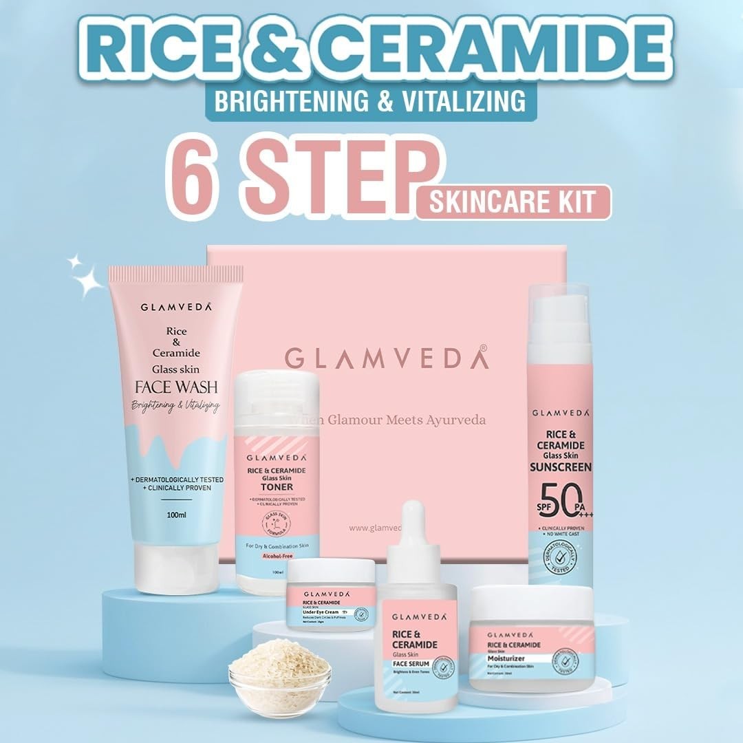 Glamveda Korean Rice Ceramide 6 Step Skincare Kit for Glowing Skin Skincare Gift