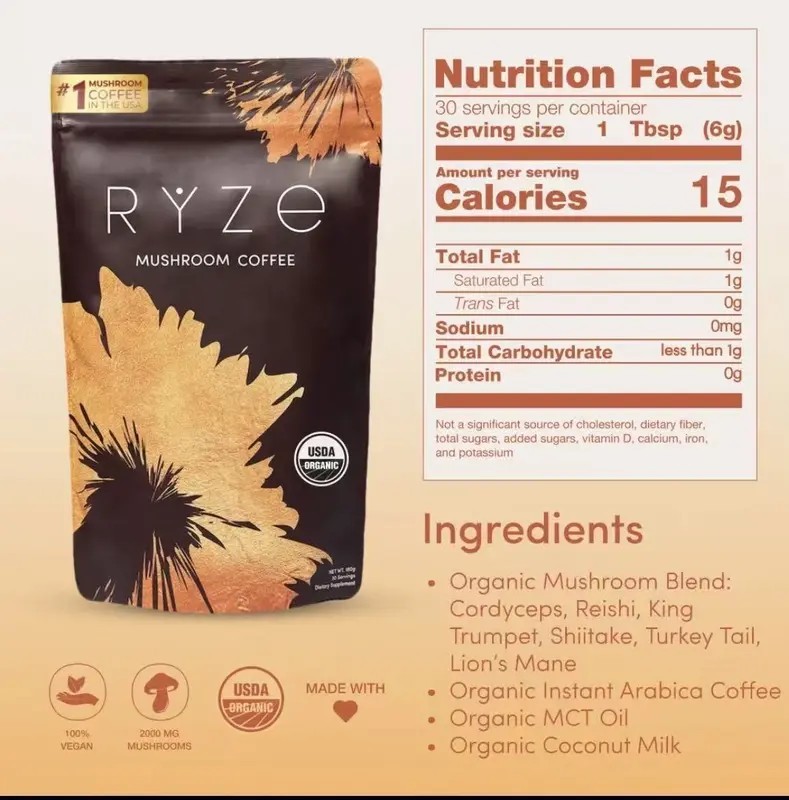 RYZE SUPERFOODS Organic Mushroom Coffee, 6 Adaptogenic Mushrooms | Energy, Focus