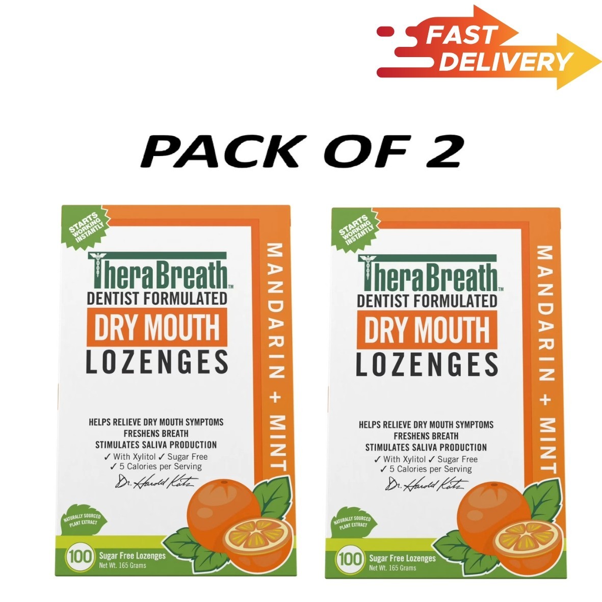 TheraBreath Dry Mouth Mandarin Mint Lozenges, 100 count, 165 g, 2Pack