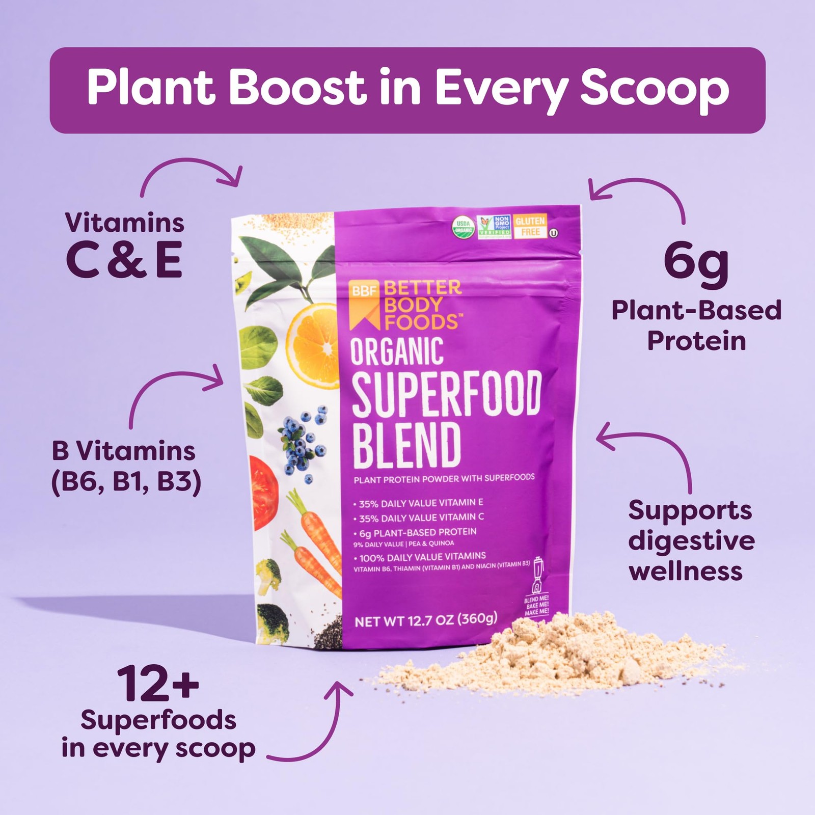BetterBody Foods Organic Superfood Powder with 12.7 Ounce (Pack of 1)