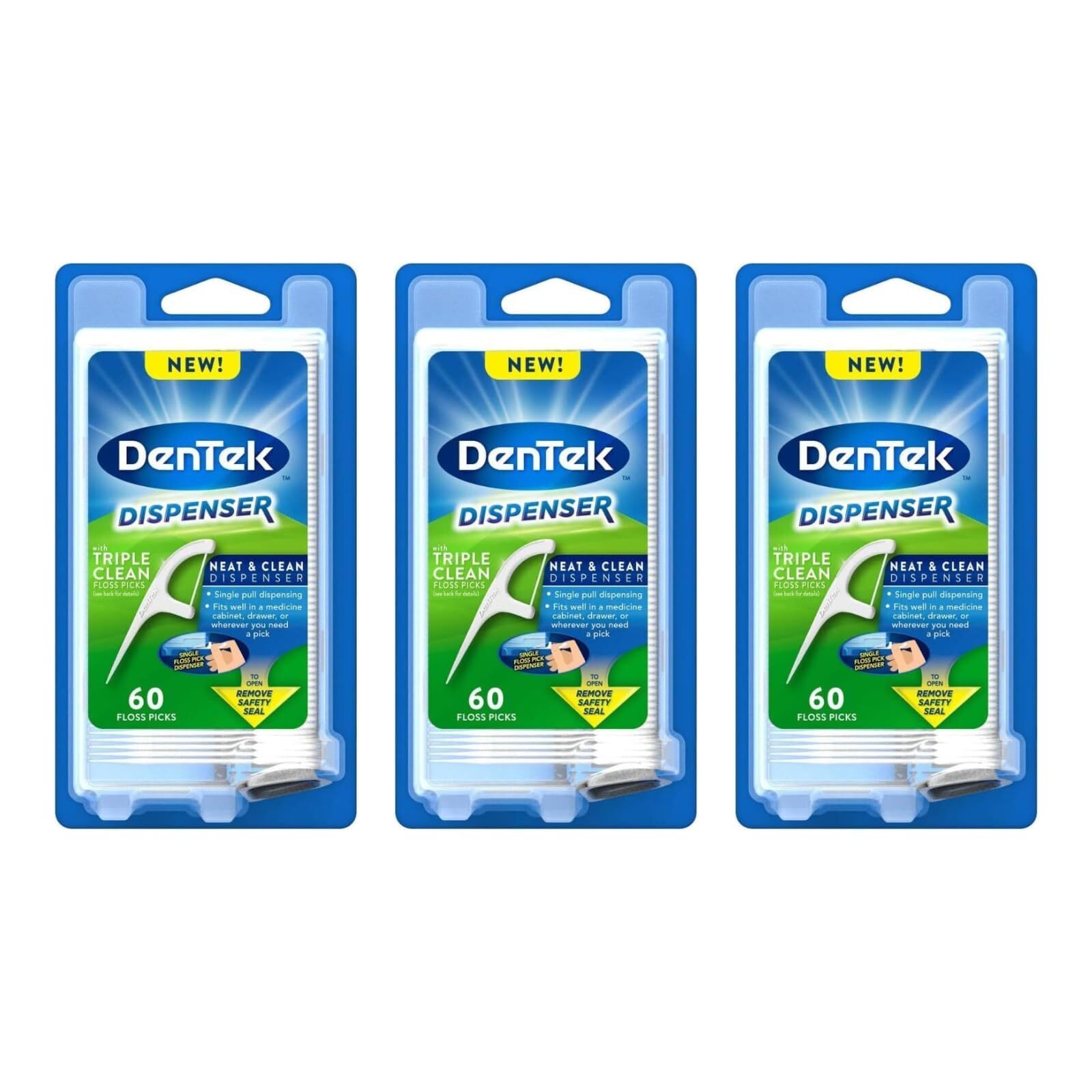 DenTek Floss Pick Dispenser with Triple Clean Floss Picks, 60 Count (Pack of 3)