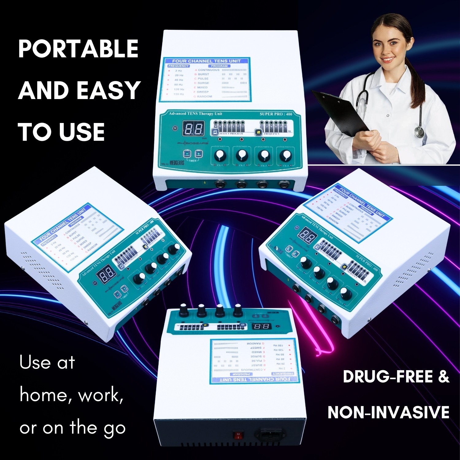 Physiogears Super Pro 400 Four Channel TENS Physiotherapy Machine Digital Pain