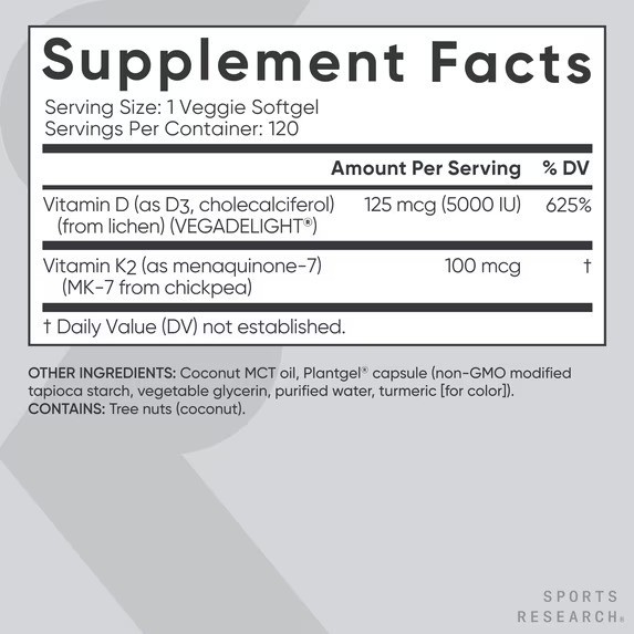 Vitamin D3 + K2 5000iu Plant-Based D3 + 100mcg Vitamin K2 as MK-7 – 120 Softgels