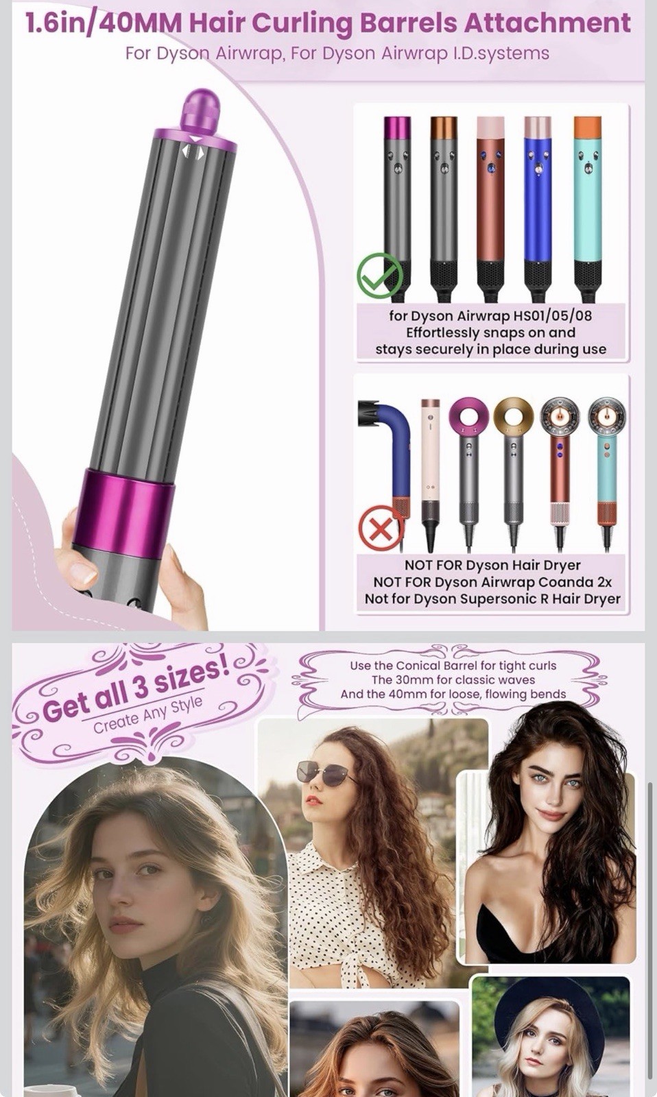 Long barrel curl Multi Direction 1.6 in for Dyson Airwrap Hair Styler HS01 05 8