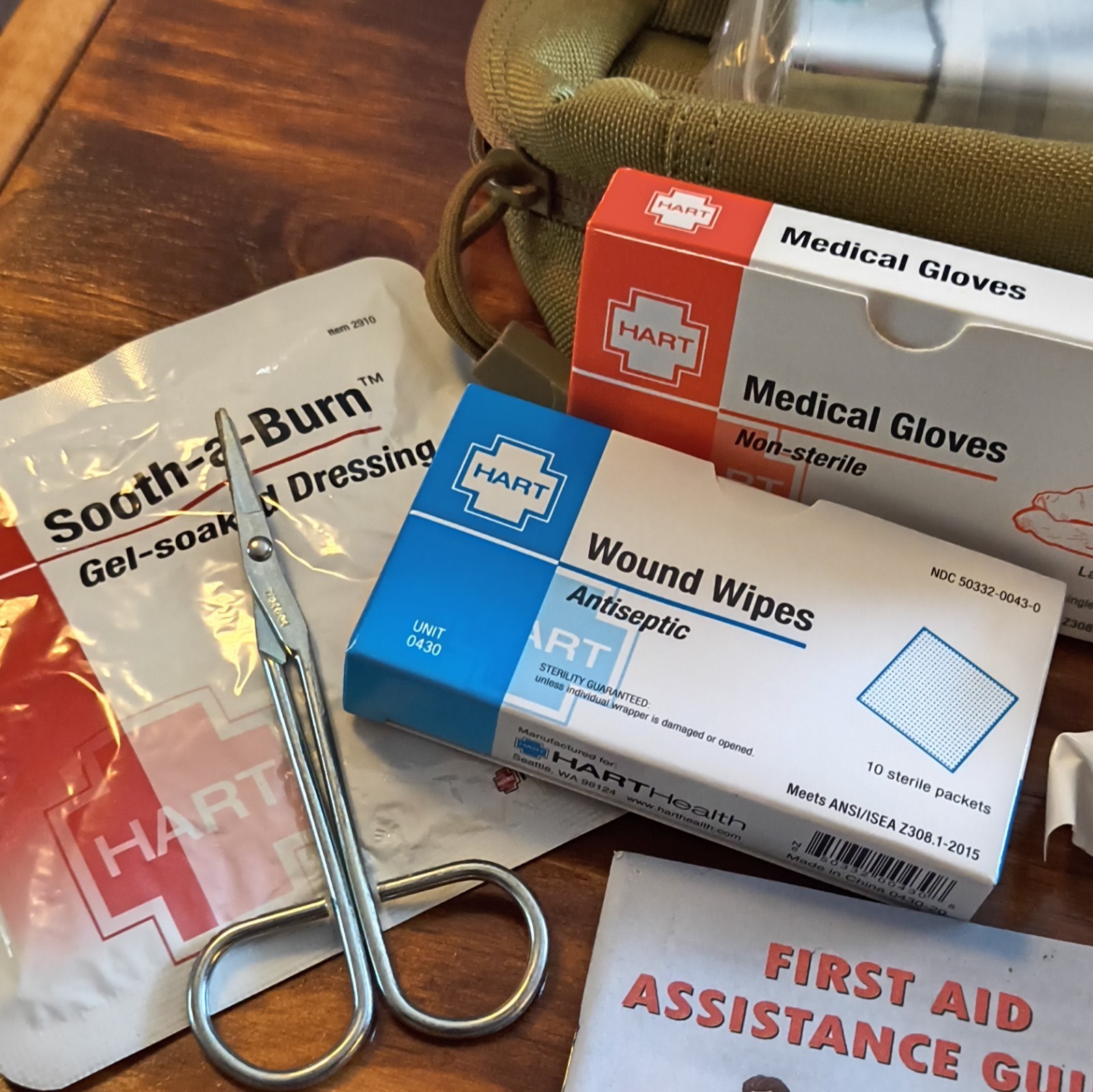HART Portable First Aid Set Green Bag w/ Eye Wash, Gloves, Wipes, ABD, Cold Pack