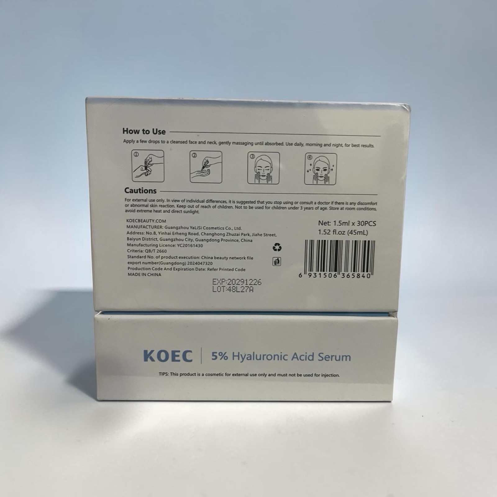 KOEC 5% Hyaluronic Acid Deep Moisturizing Serum 30Pcs Exp 12/2029 New-Sealed
