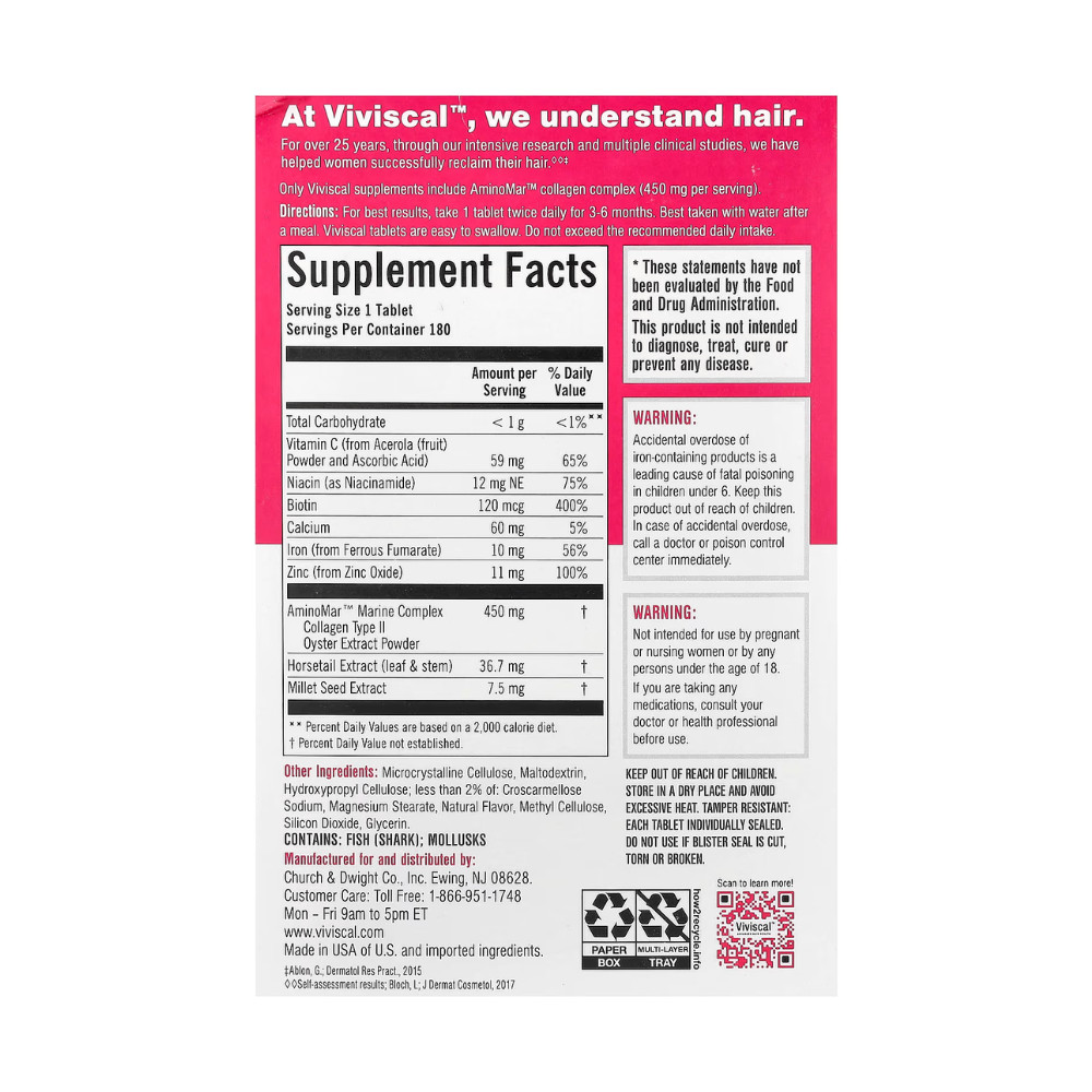 Viviscal Women Hair Growth Tablets 180 Count Hair Vitamins Exp 07/2027