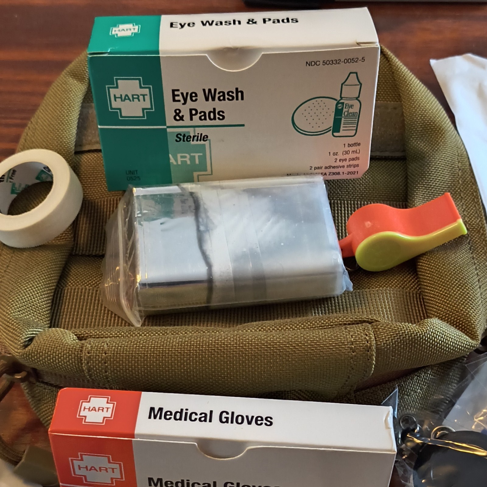 HART Portable First Aid Set Green Bag w/ Eye Wash, Gloves, Wipes, ABD, Cold Pack