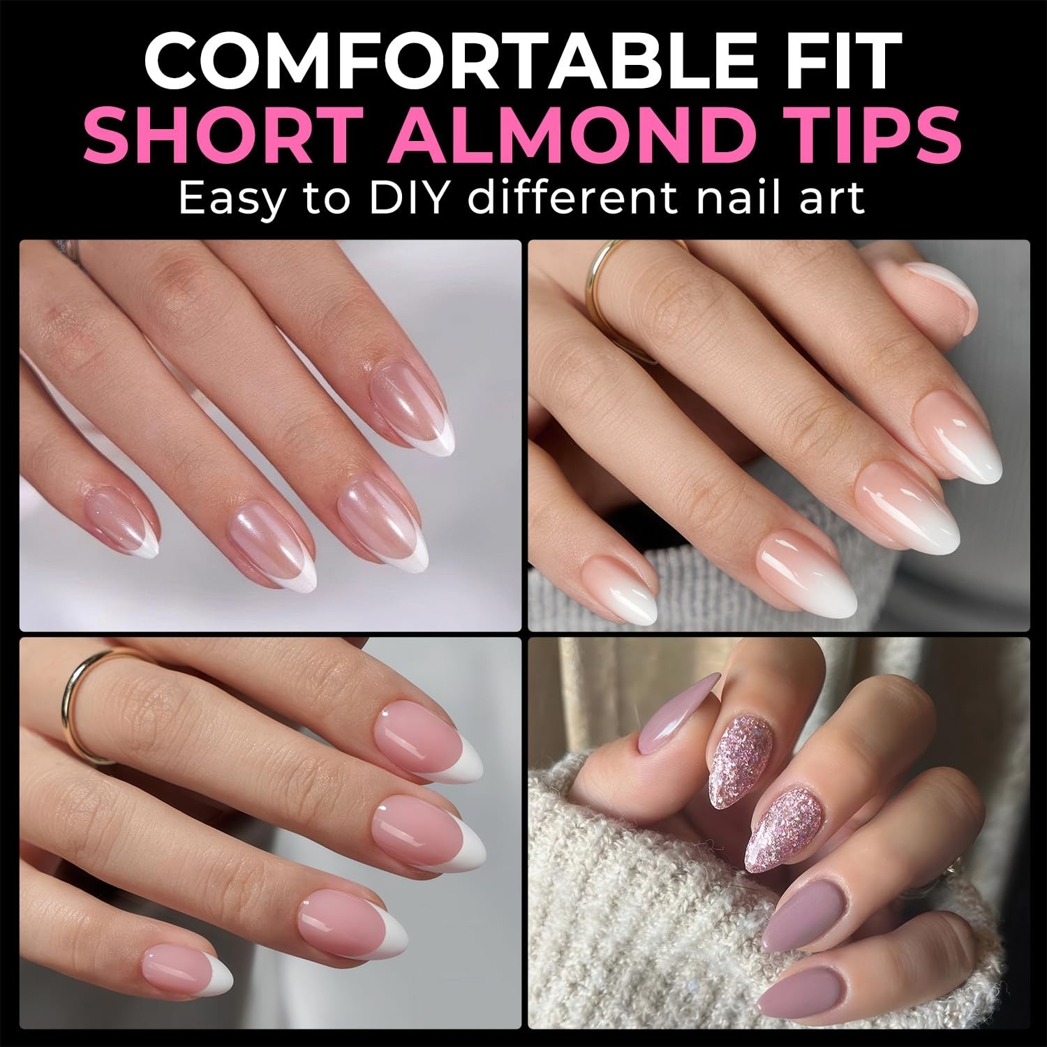 Easy Apply 216pcs Short Almond Acrylic Nails with Long Lasting Finish – 12 Sizes