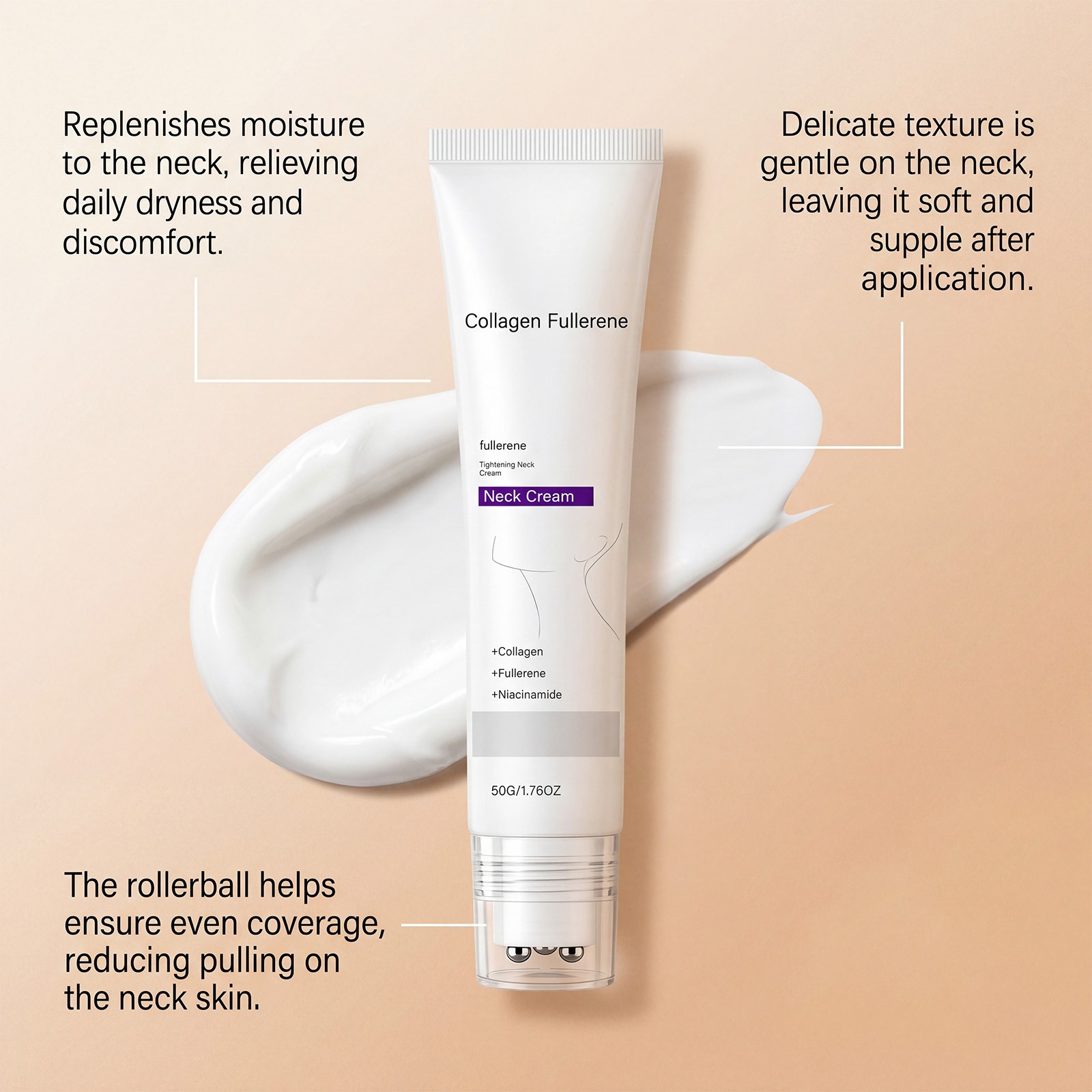 Magec Collagen Fullerene Neck Cream Firming Tightening with Roller 50g