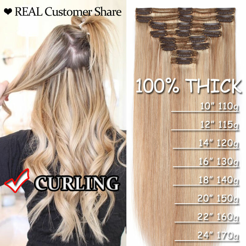 Thick Double Weft Seamless Clip In Real Remy Human Hair Extensions Full Head USA