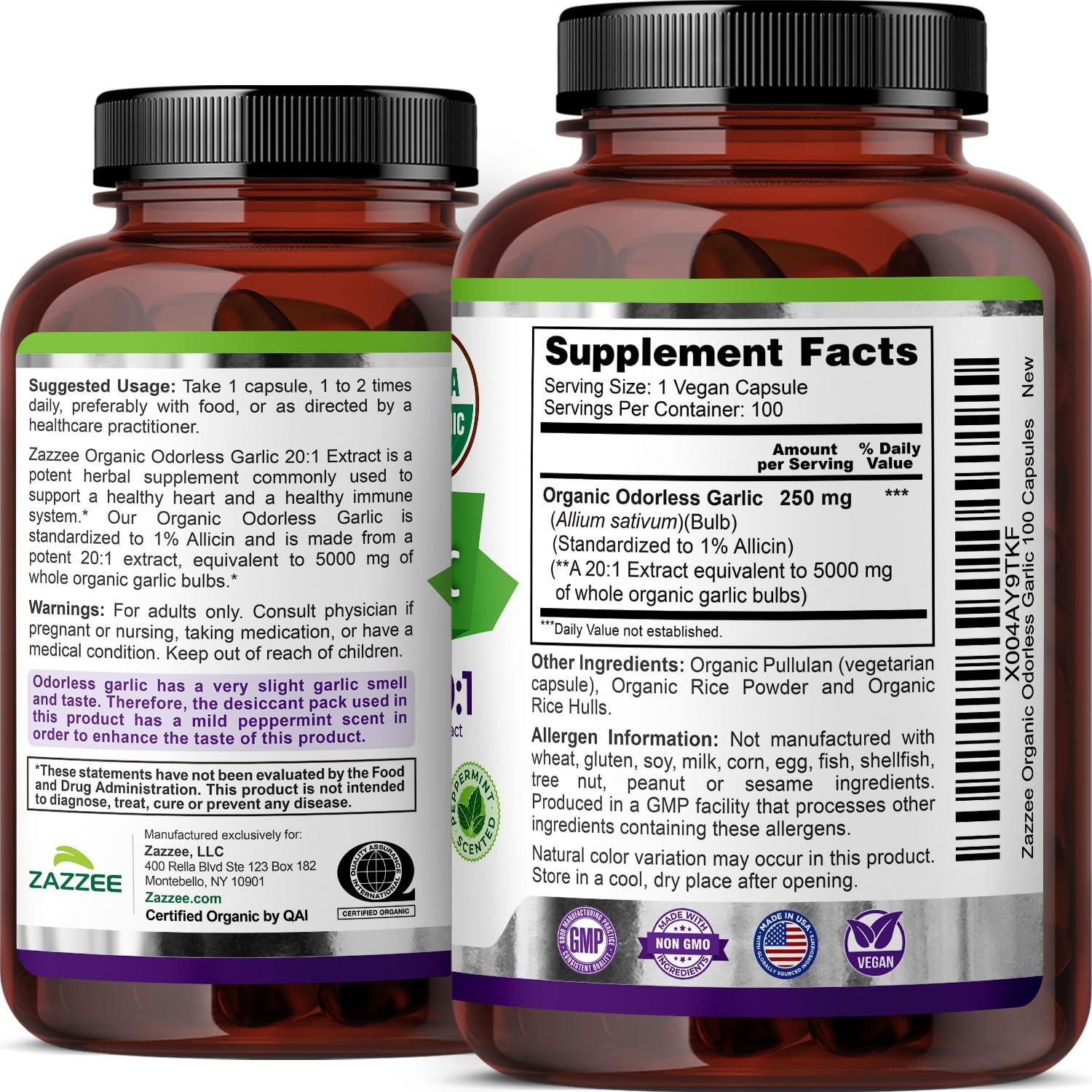 USDA Organic Odorless Garlic 201 Extract, 1% Allicin, 100 Vegan Capsules, 3+ …