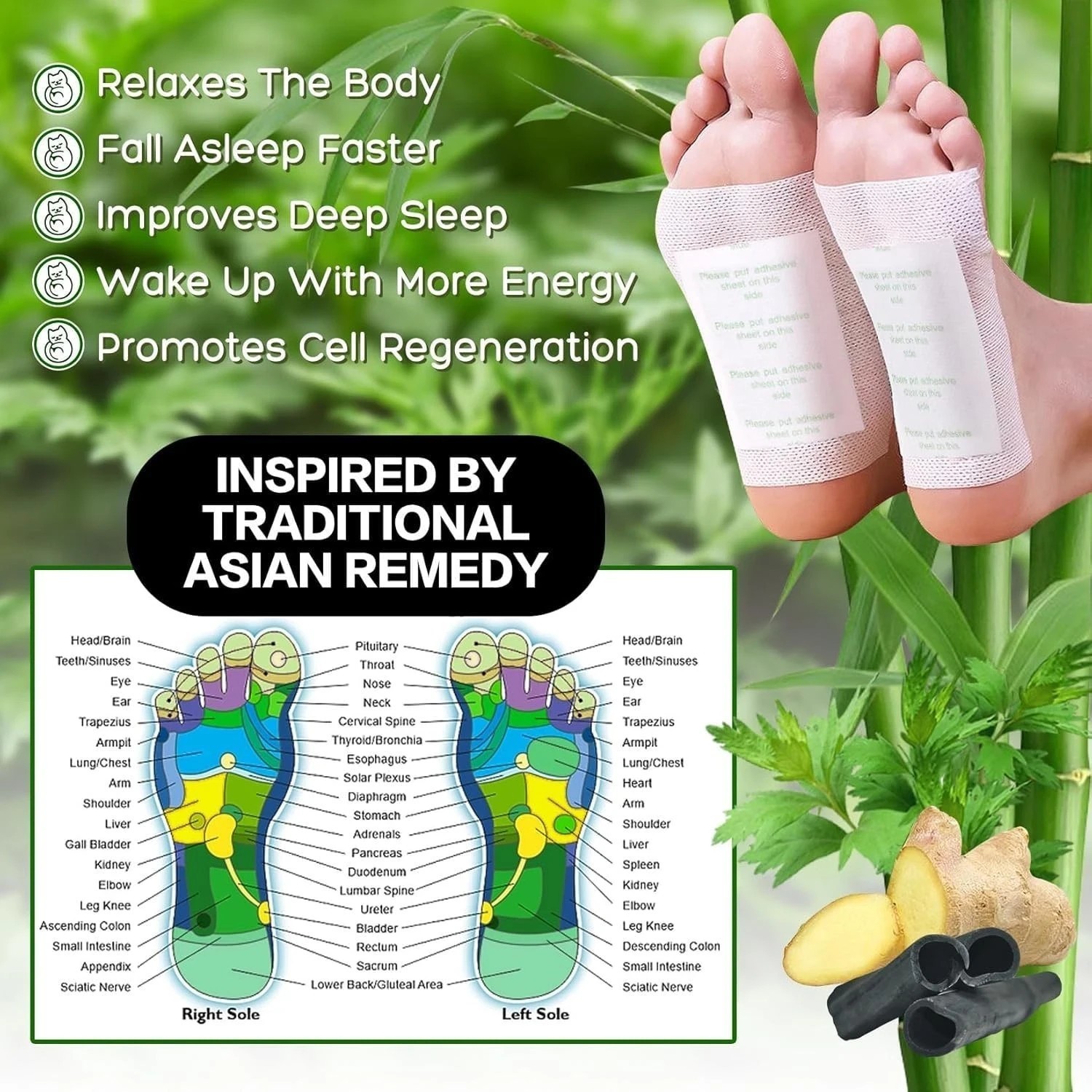Ginger Bamboo Foot Pads Detox Patch Pain Relief Better Sleep 50 Pads (Pack 5)