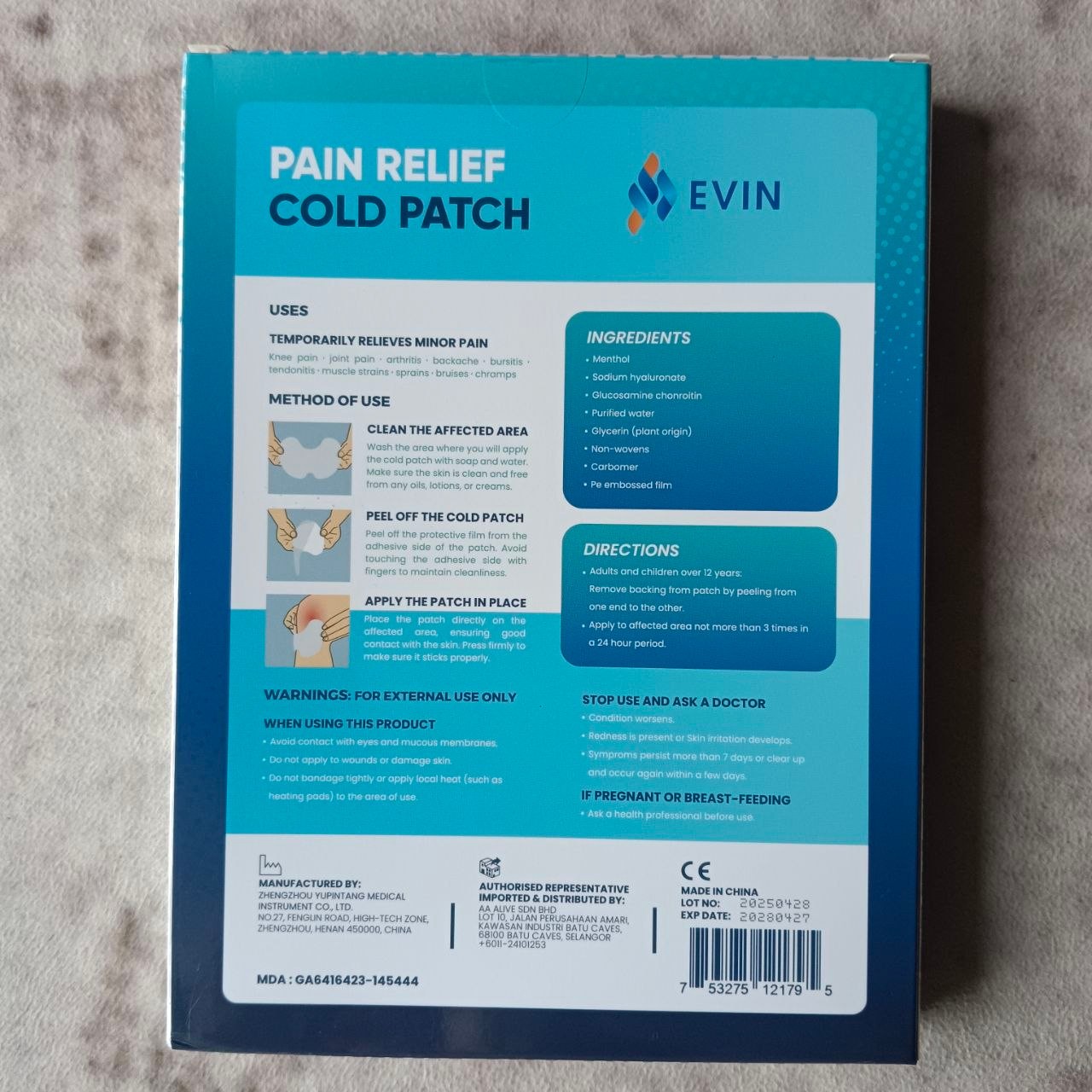 Evin Pain Relief Cold Patch Joint Care 6 Patch Cooling Gel Hydrogel Sore Muscle