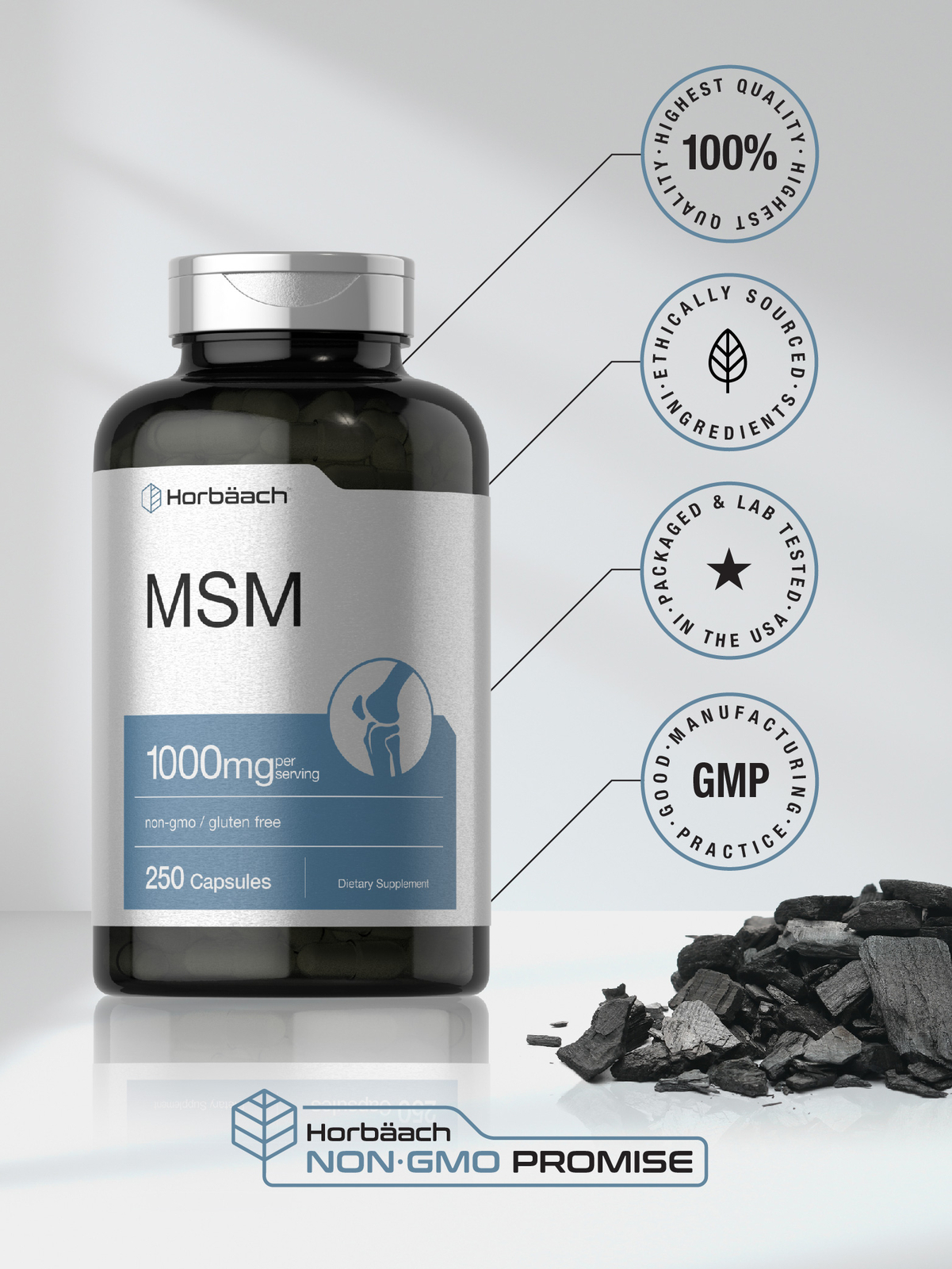MSM Supplement | 1000mg | 250 Capsules | Non-GMO, Gluten Free | by Horbaach