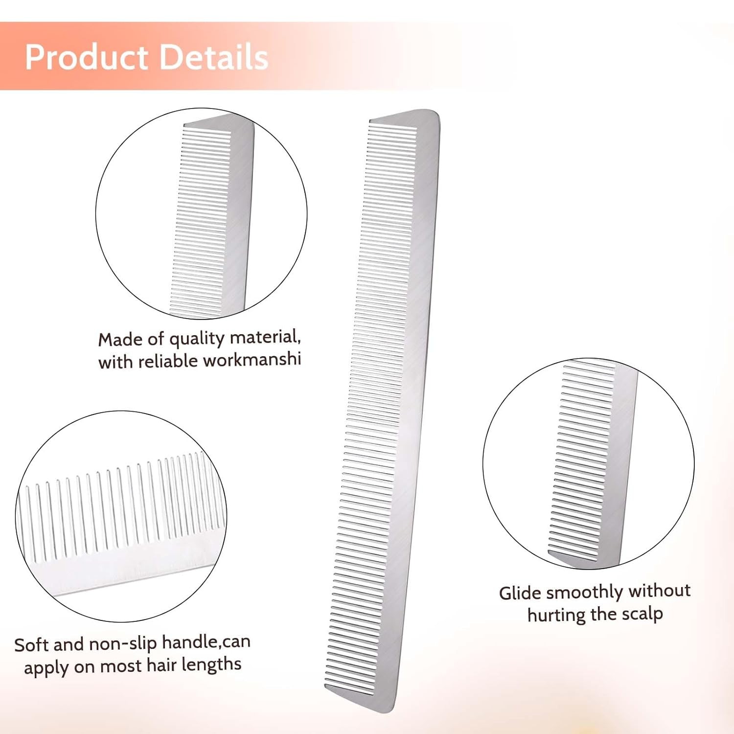 Metal Comb Stainless Steel Fine Tooth Hair Combs Anti Static 8.31 x 1.1 Inch