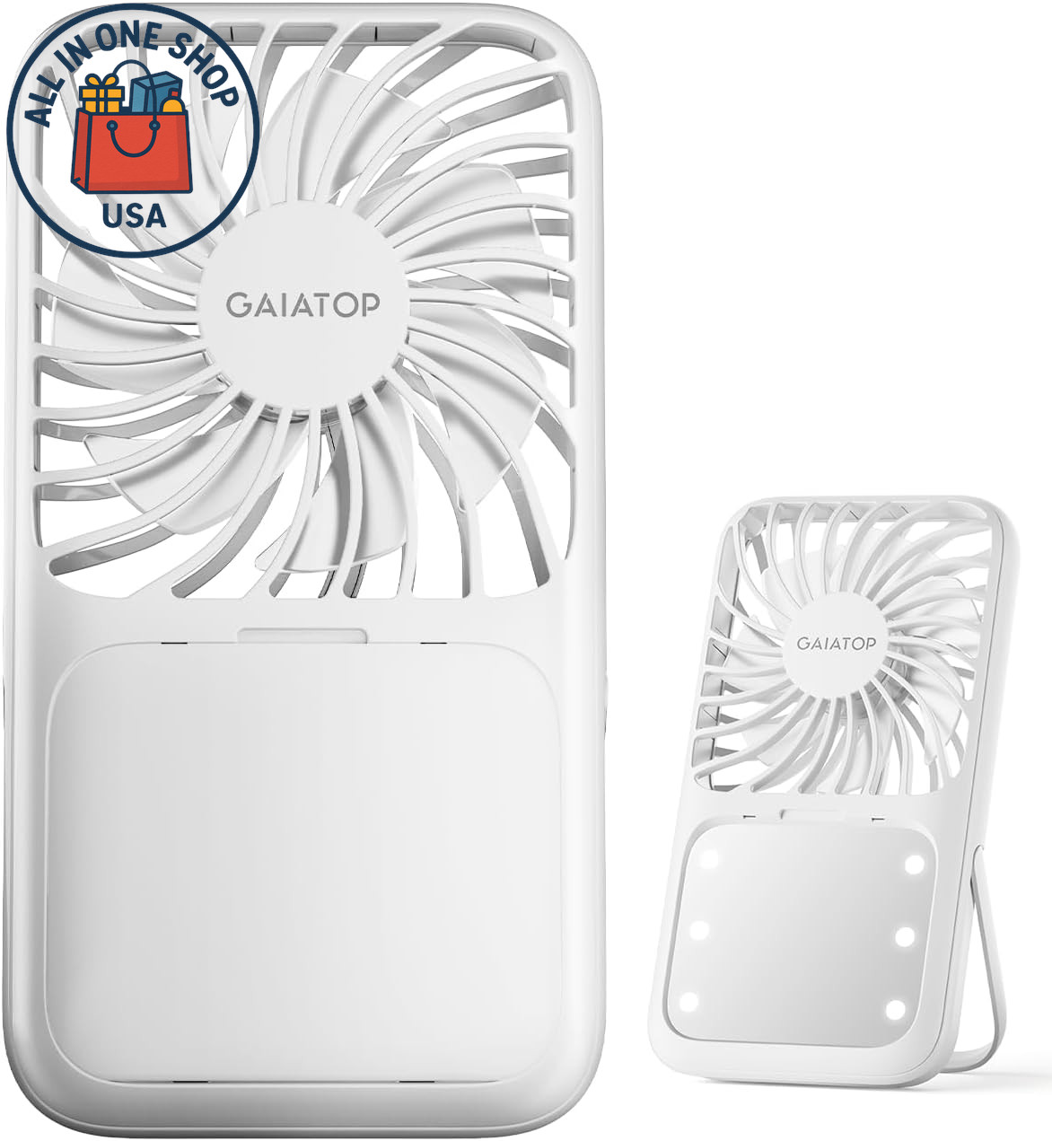 Portable Handheld Fan with LED Mirror and Rechargeable Battery