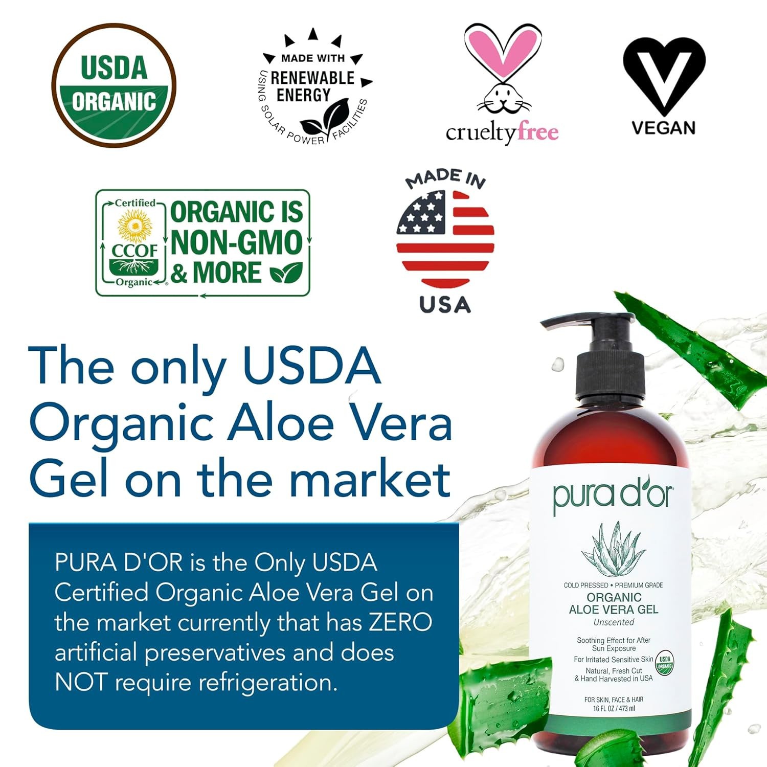 Organic Aloe Vera Gel 16oz PURA D’OR Unscented Hydrating Skin Care