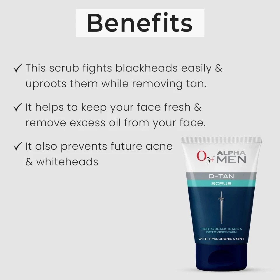 O3+ Alpha Men Acno D-Tan Scrub 50g | Tan Removal Mint Hyaluronic Scrub