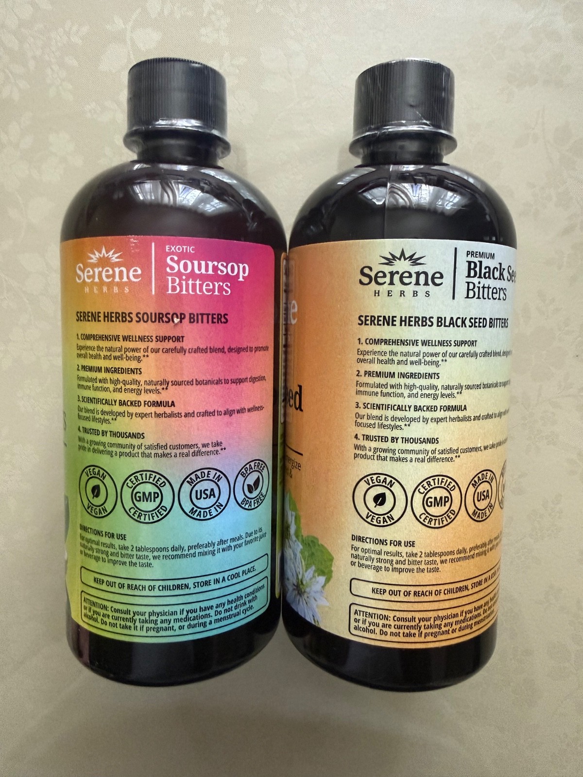Serene Herbs Soursop Bitters Liquid & Black Seed Bundle Organic 16oz Each.