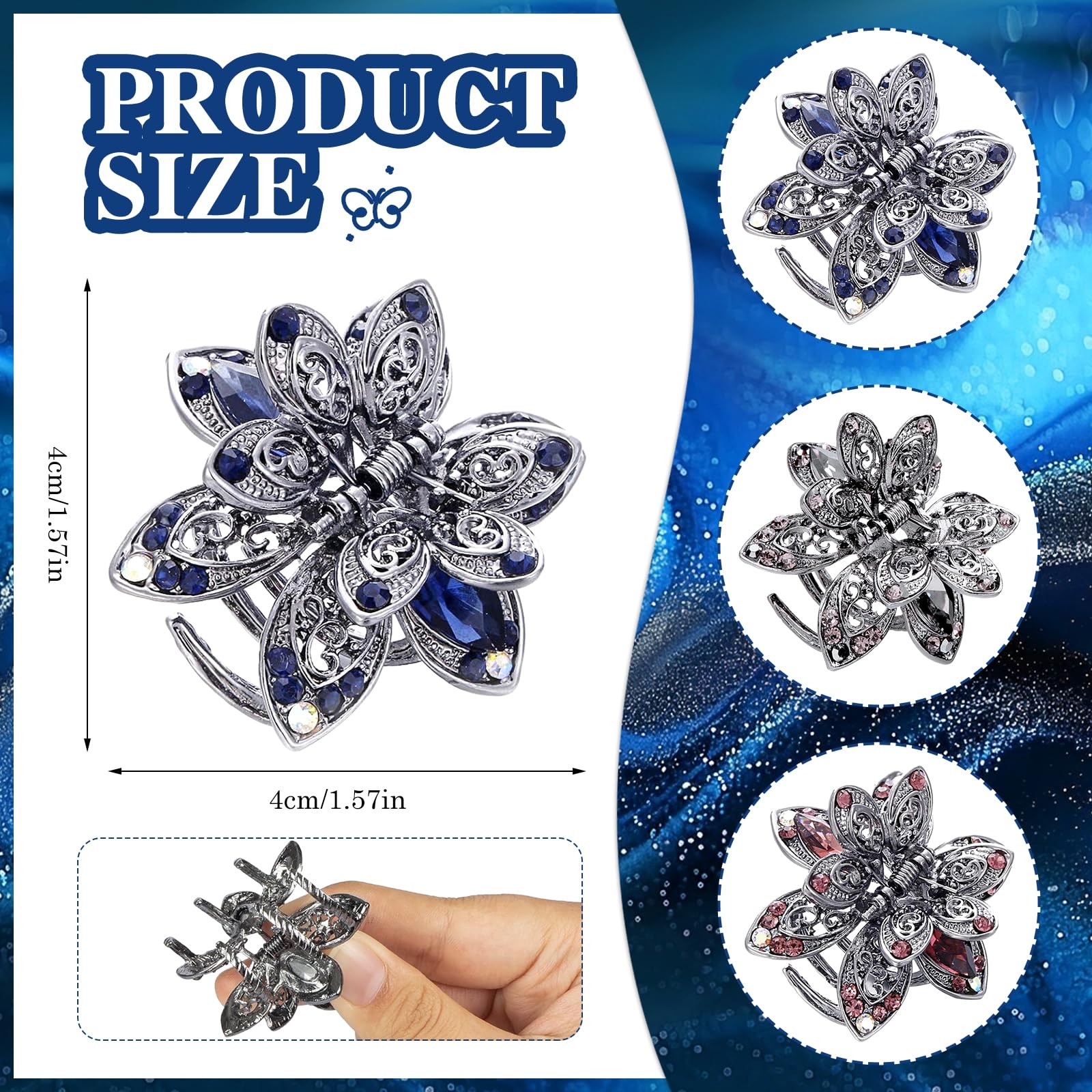Glavatrix 3 Pack Crystal Hair Clips, 1.6 In Metal 1 Count (Pack of 3), Grey