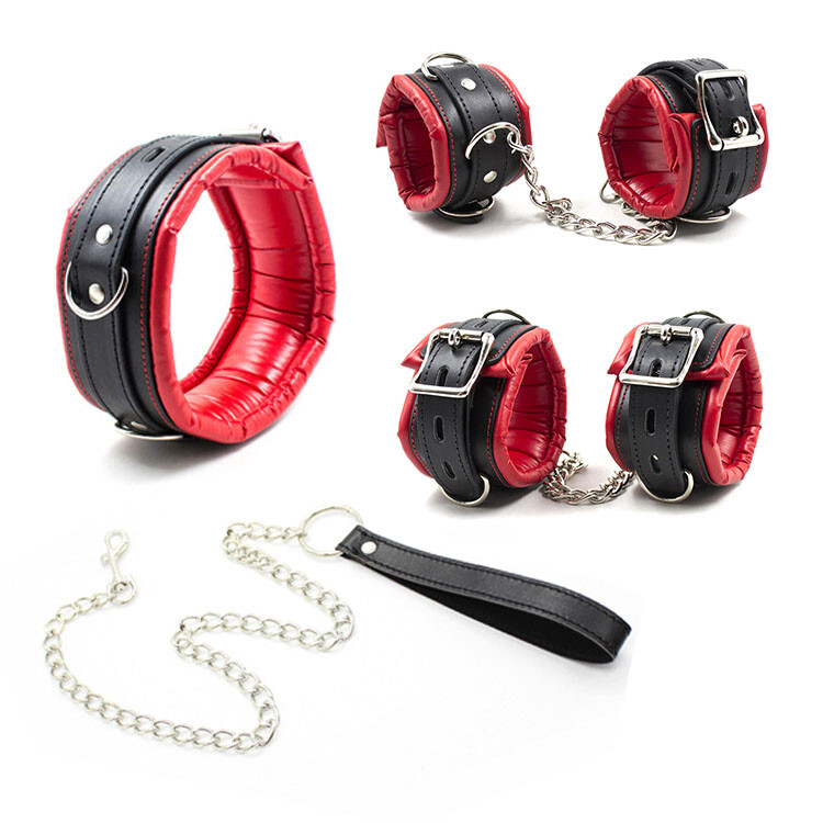 Soft Padded PU Leather Collar Wrist HandCuffs Ankle Set Restraint Bondage BDSM