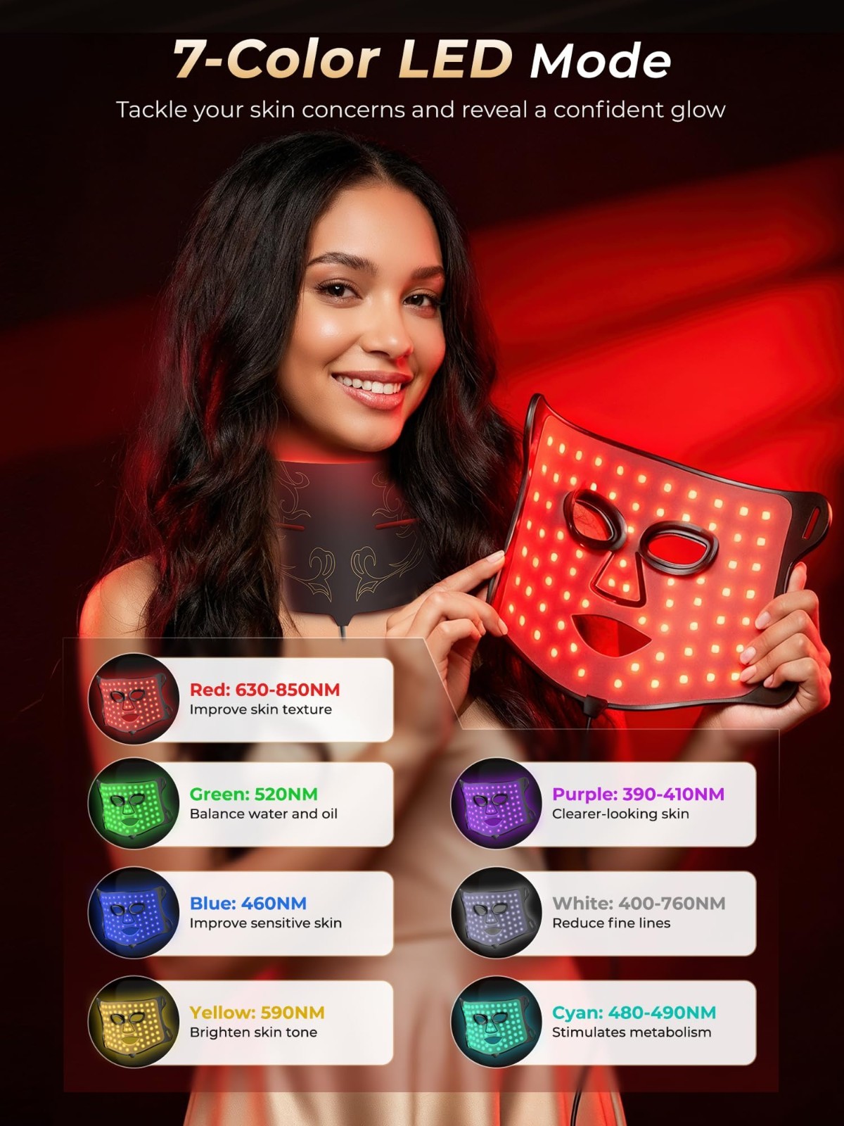 Red Light Therapy for Face & Neck, Rechargeable 7-in-1 LED w/ 850nm & 660nm NIR