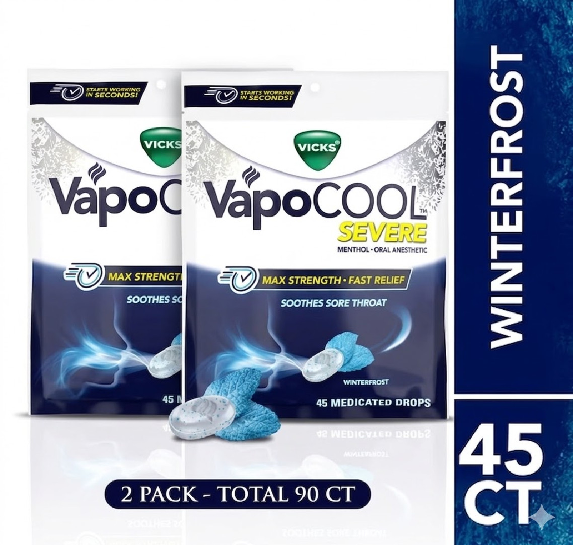 2 pack-NEW Vicks VapoCool Severe Sore Throat Drops, Max Menthol Winterfrost 45ct