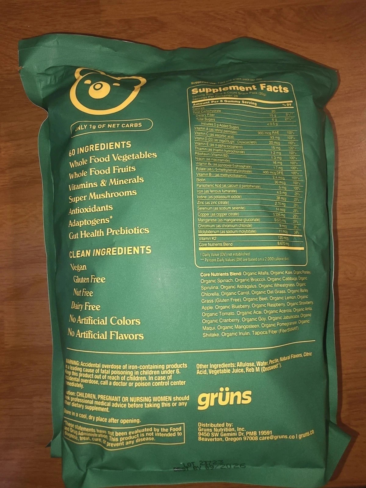 Gruns Adults Super Greens Gummies, Superfood Gummy Bears with Spirulina 224-8 ct
