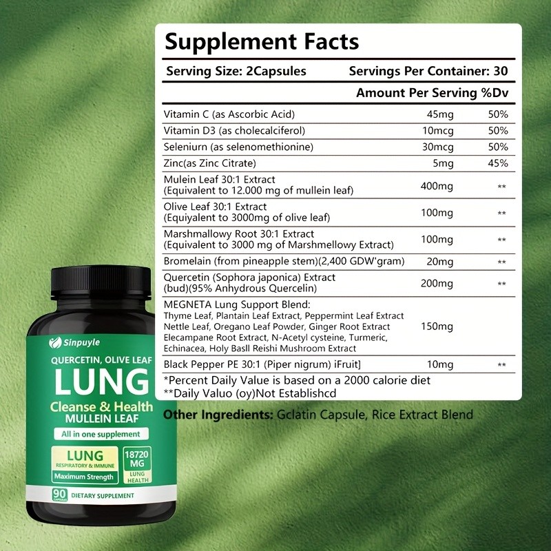 Lung Cleanse Respiratory Support Supplement Mullein Quercetin 90 Capsules