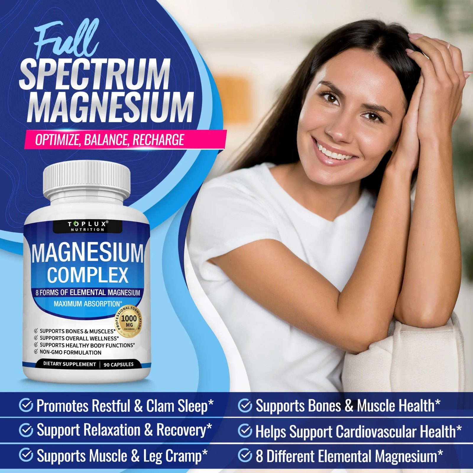 Toplux Magnesium Complex 1000mg Supplement 8 Forms for Bone & Muscle Support