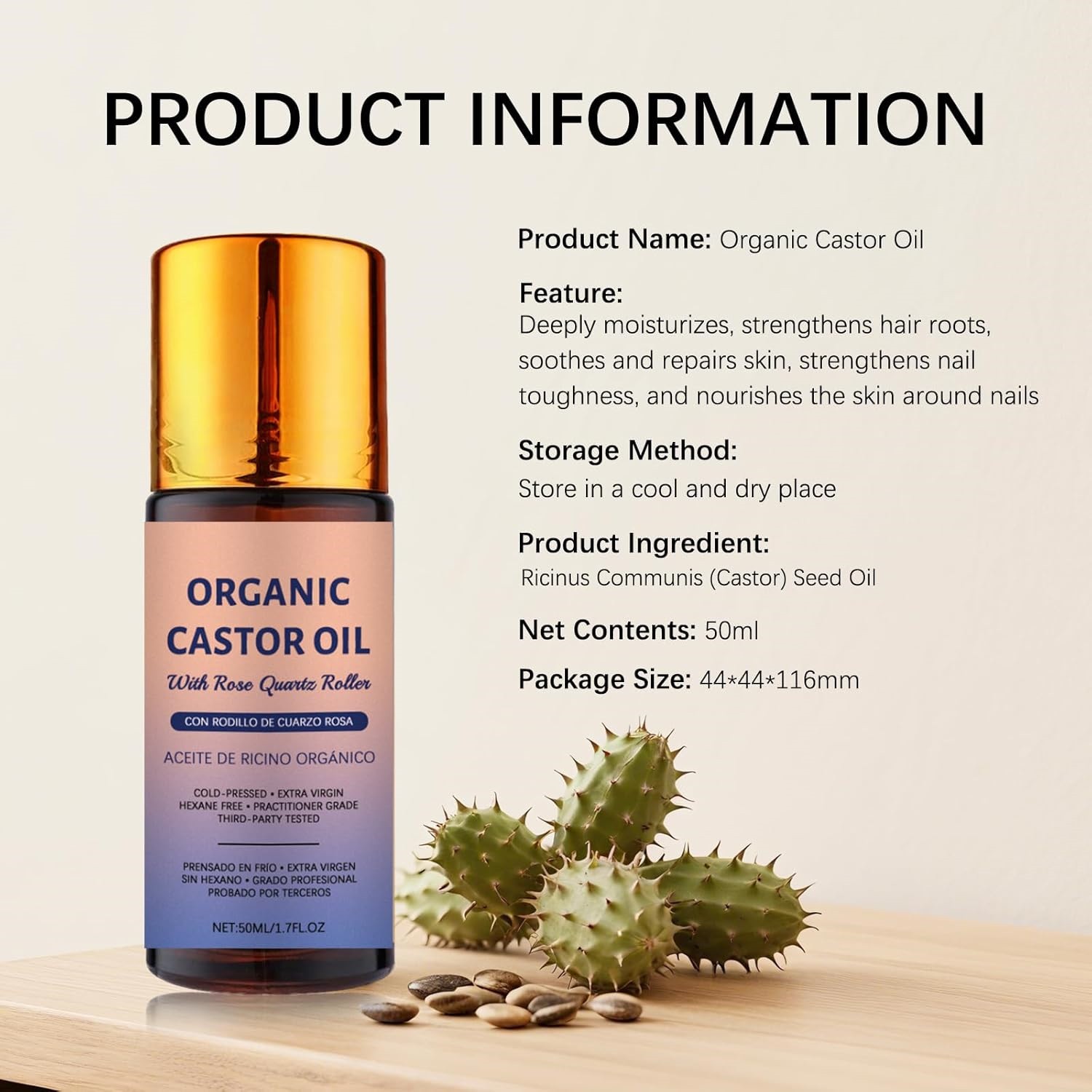 Organic Golden Castor Oil Roll-On with Rose Quartz for Skin,Hair Growth&Wrinkle