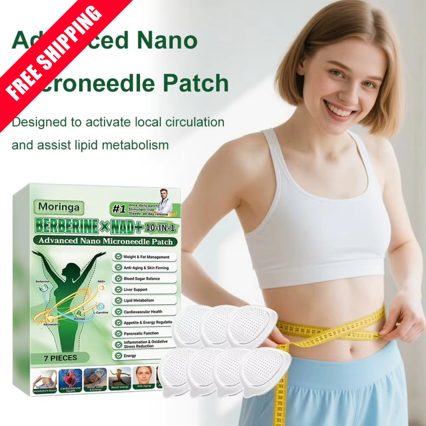 10-in-1 Moringa Berberine Weight Loss Patch Nano Microneedle Slimming 7pcs