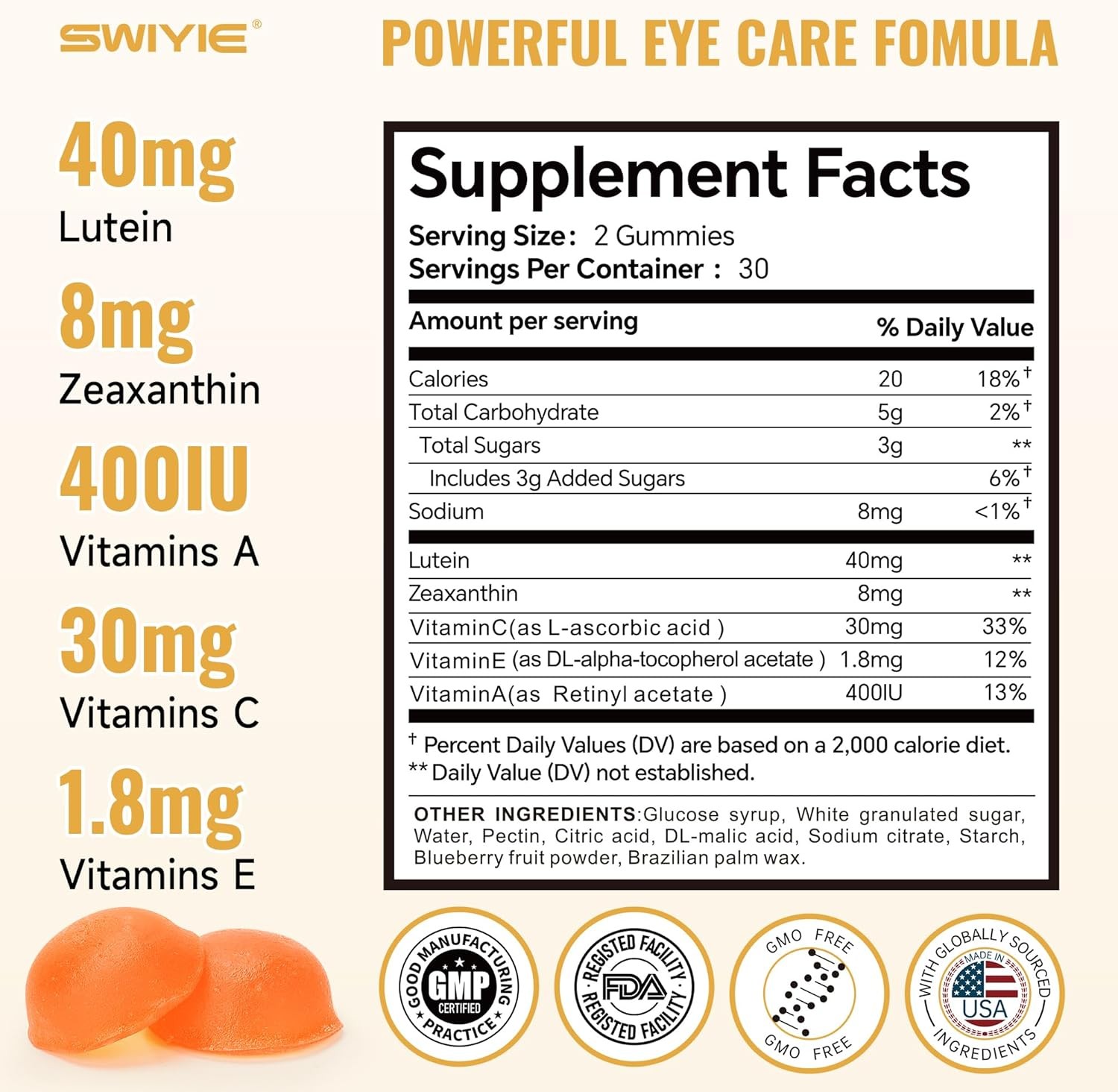 Lutein Gummies – Eye Vitamin and Mineral Supplement with 20mg Lutein