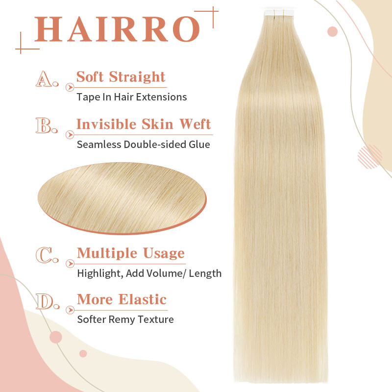 Tape In 12″-24″ Remy 100% Real Russian Human Hair Extensions Invisible Skin Weft