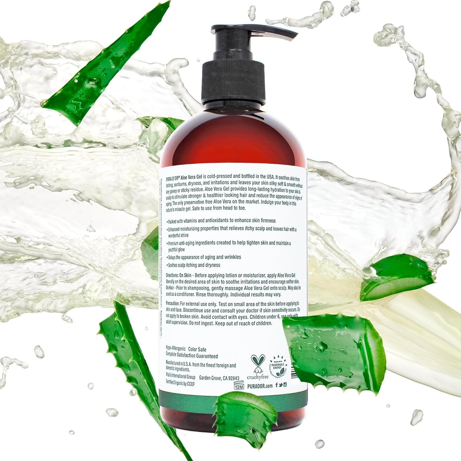 Organic Aloe Vera Gel 16oz PURA D’OR Unscented Hydrating Skin Care