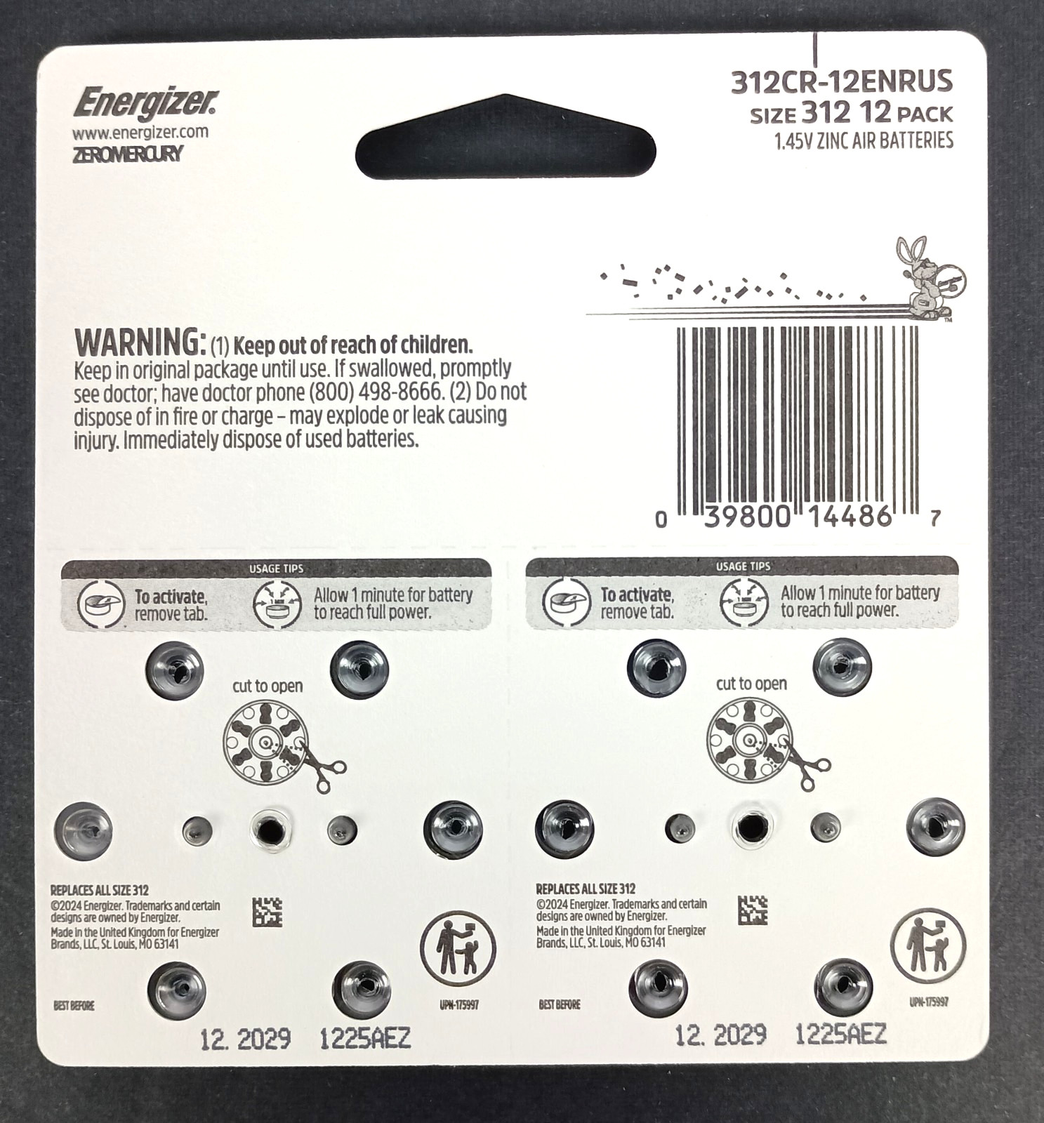 *72 Count* Six 12-packs ENERGIZER 312 1.45V Hearing Aid Battery Exp 12/2029