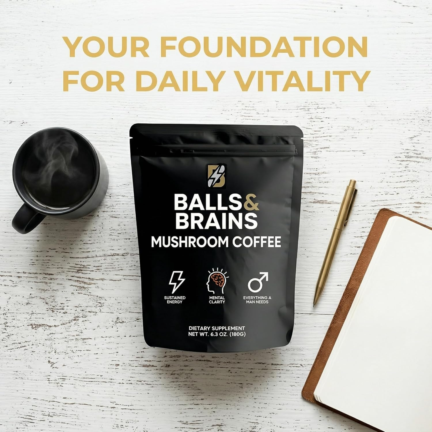 Balls n Brains Mushroom Coffee – Instant Coffee with Men’s Herbal Energy, Suppor