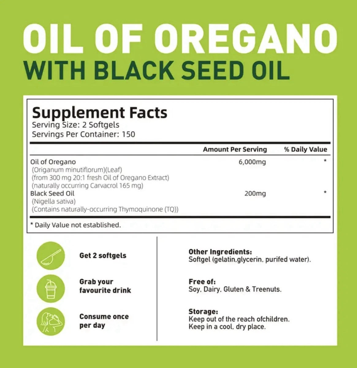 Oil Of Oregano 6000mg-300 Softgel Capsules With Black Seed Oil
