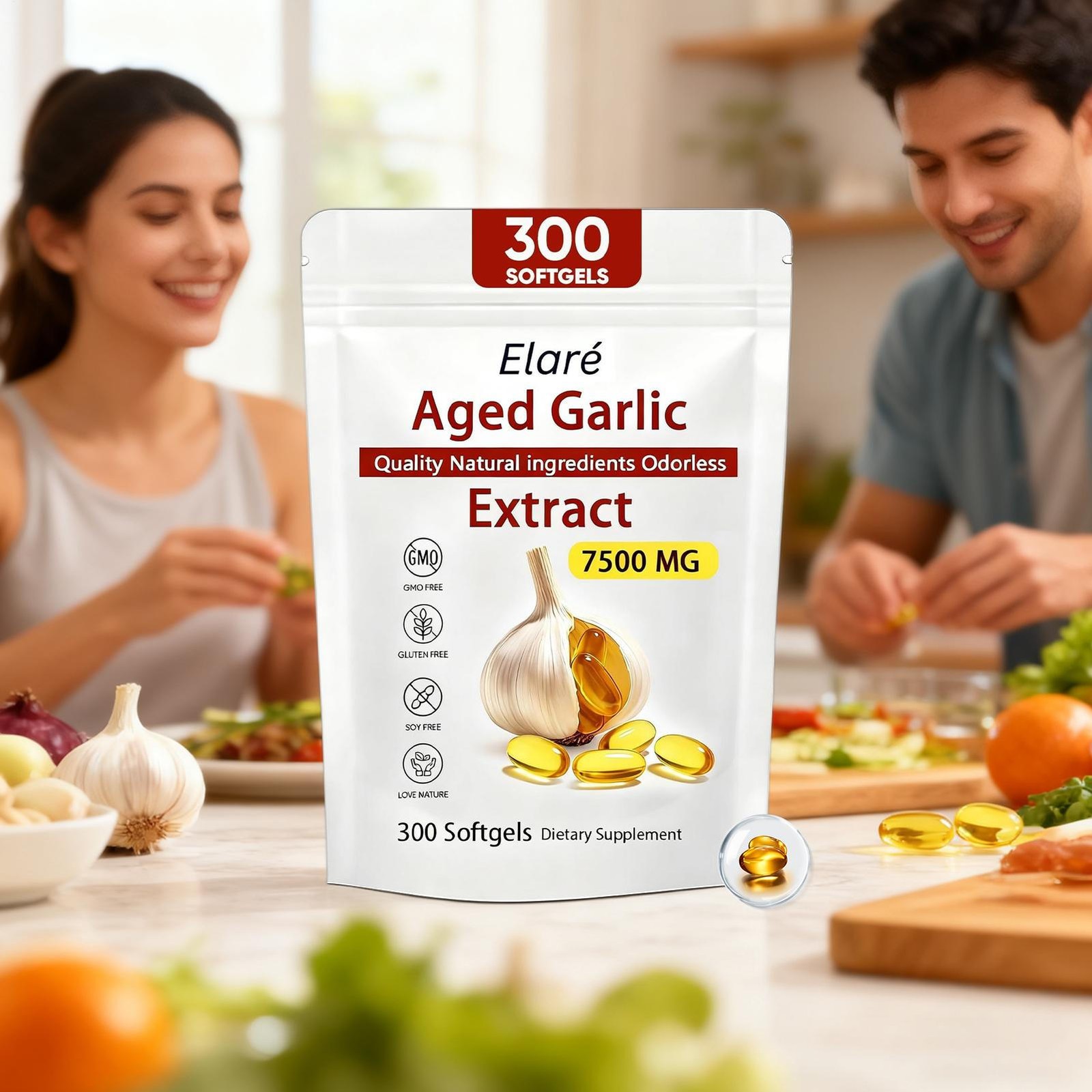 1 PACK Elare Aged Garlic Extract, 300 Softgels, 7500mg Odorless | Heart & Immune