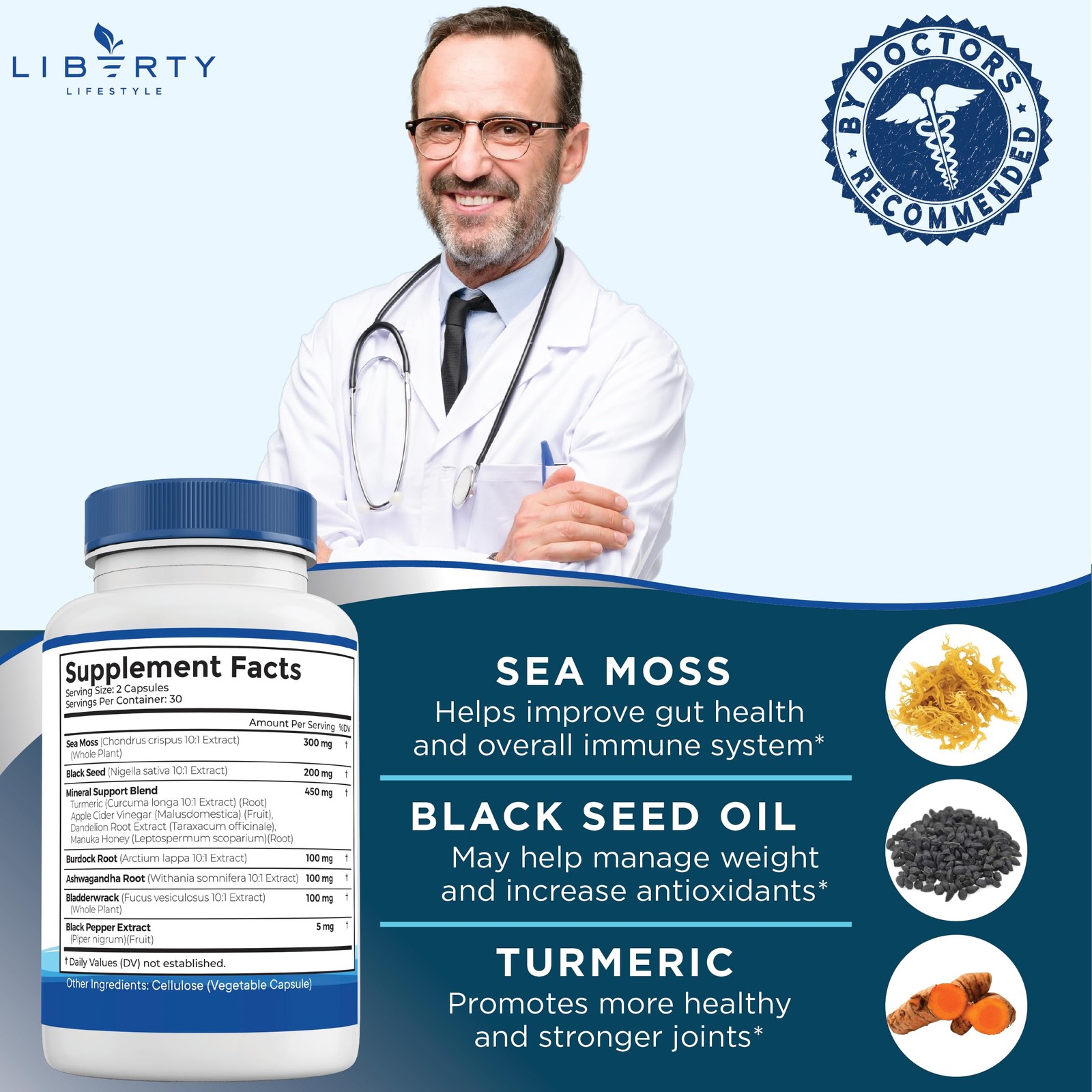Liberty Lifestyle Sea Moss Black Seed Oil Ashwagandha 60 Count (Pack of 3)